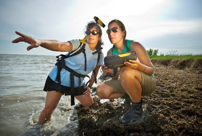 Two researchers talking and pointing on the intertidal